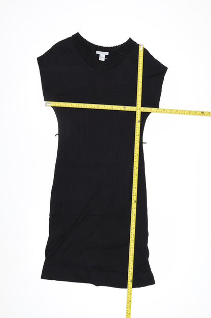 H&M Women Black Knee Length Shift Dress Size 8 Beaded Collar