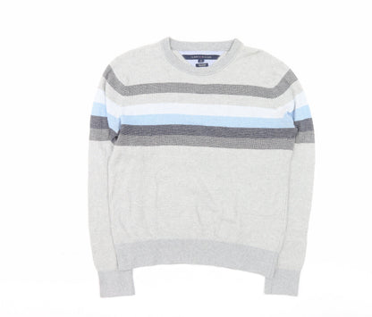 Tommy Hilfiger Men's Grey Striped Pima Cotton Crew Neck Jumper M