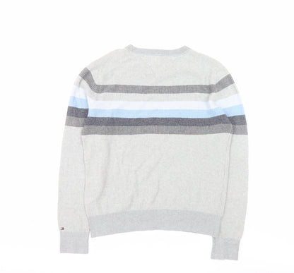 Tommy Hilfiger Men's Grey Striped Pima Cotton Crew Neck Jumper M