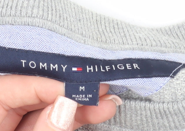 Tommy Hilfiger Men's Grey Striped Pima Cotton Crew Neck Jumper M