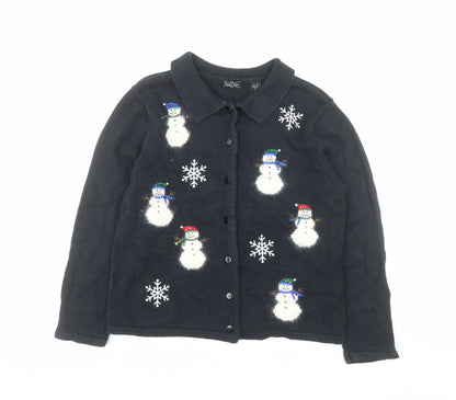 Crystal Kobe Women's Black Collared Snowman Christmas Cardigan Size S
