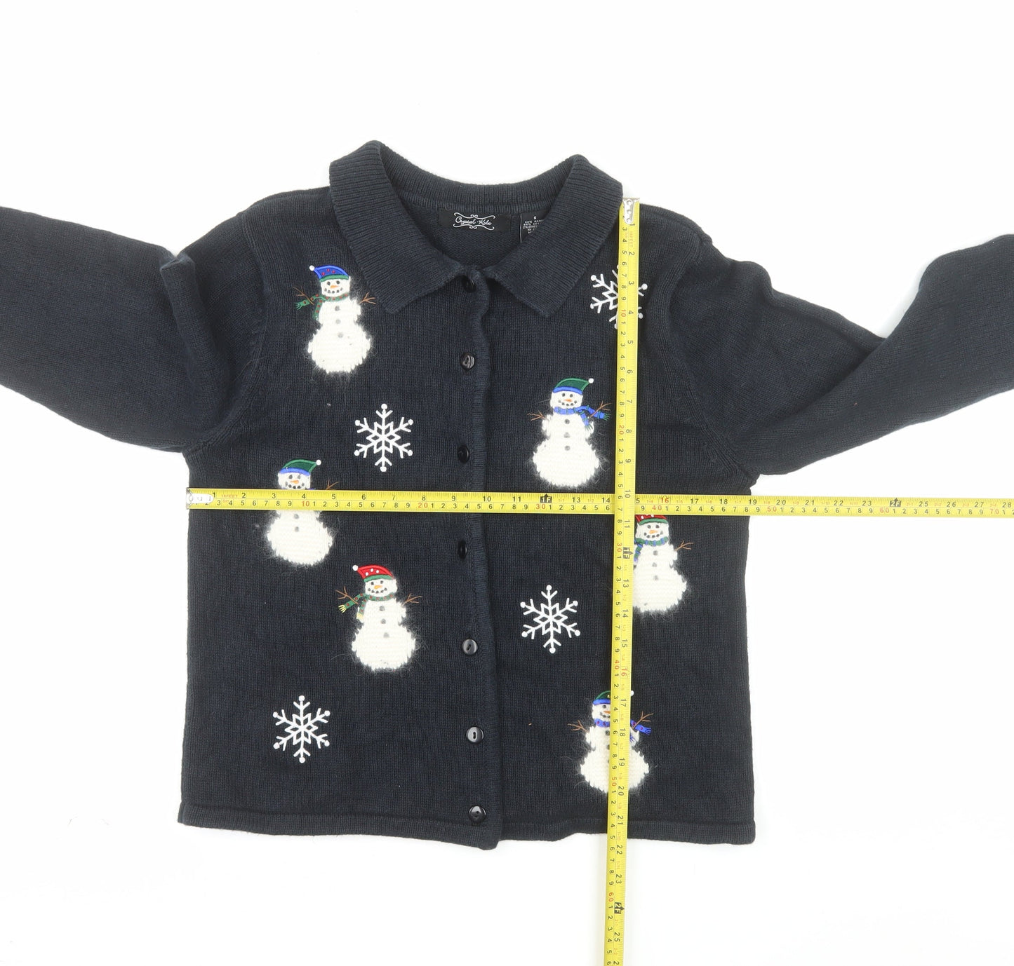 Crystal Kobe Women's Black Collared Snowman Christmas Cardigan Size S