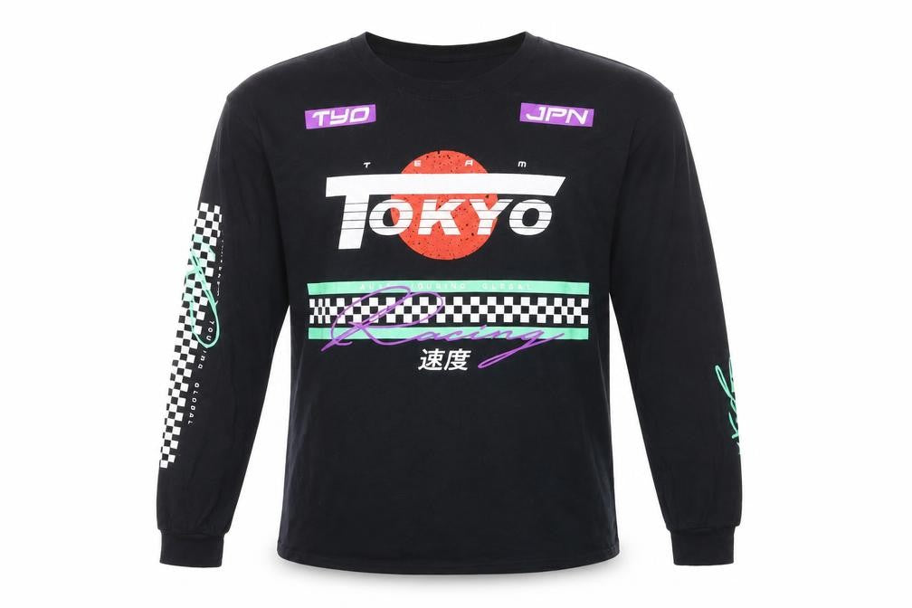 Front view of Fashion Nova Men's Black Tokyo Racing Long Sleeve Graphic Shirt, size L