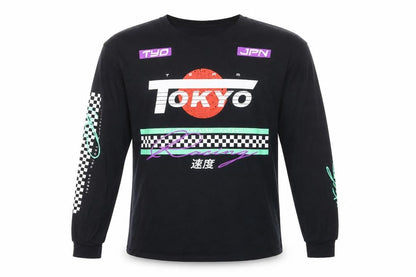 Front view of Fashion Nova Men's Black Tokyo Racing Long Sleeve Graphic Shirt, size L