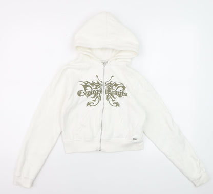 Pull & Bear Girls White Full Zip Graphic Hoodie XS