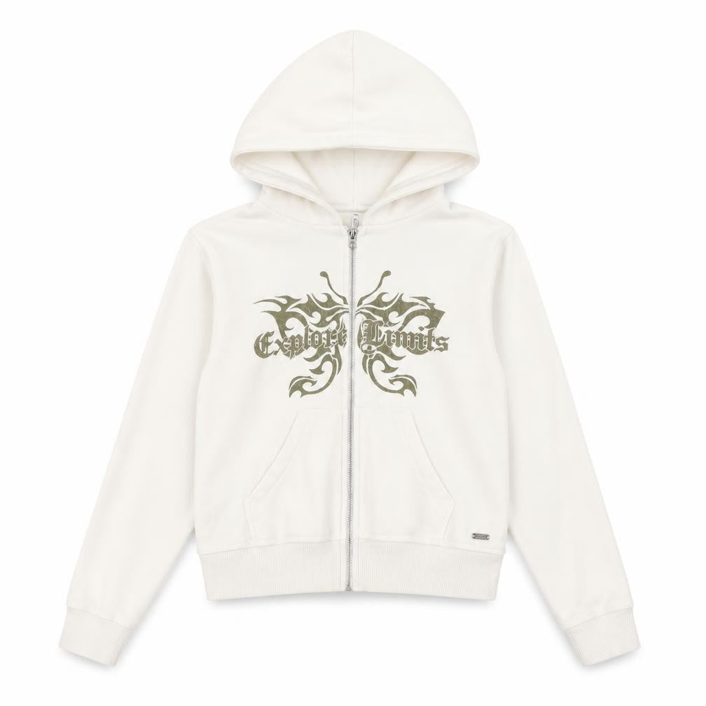Pull & Bear Girls White Full Zip Graphic Hoodie XS