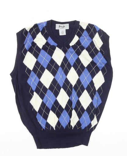 Pringle Men’s Blue Argyle Cotton Sleeveless Vest L Classic Knit Jumper