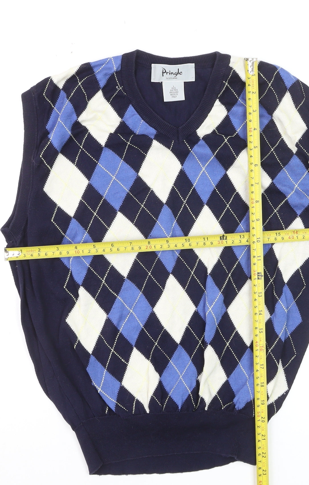 Pringle Men’s Blue Argyle Cotton Sleeveless Vest L Classic Knit Jumper