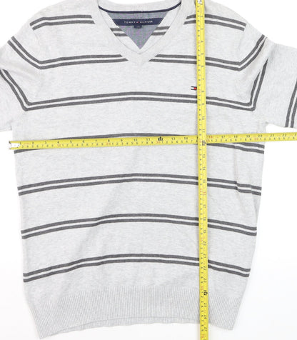 Tommy Hilfiger Men's Grey Striped Cotton V-Neck Jumper L
