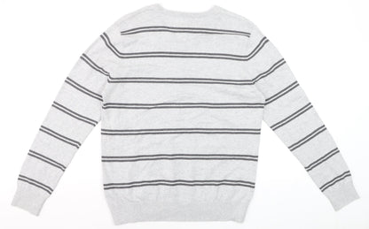 Tommy Hilfiger Men's Grey Striped Cotton V-Neck Jumper L