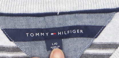 Tommy Hilfiger Men's Grey Striped Cotton V-Neck Jumper L