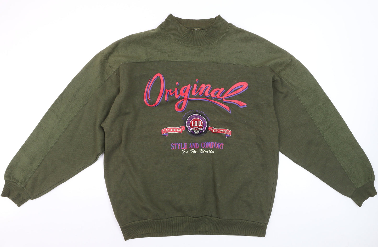 I.O.U Men's Green XL Vintage 90s Graphic High Neck Pullover Jumper