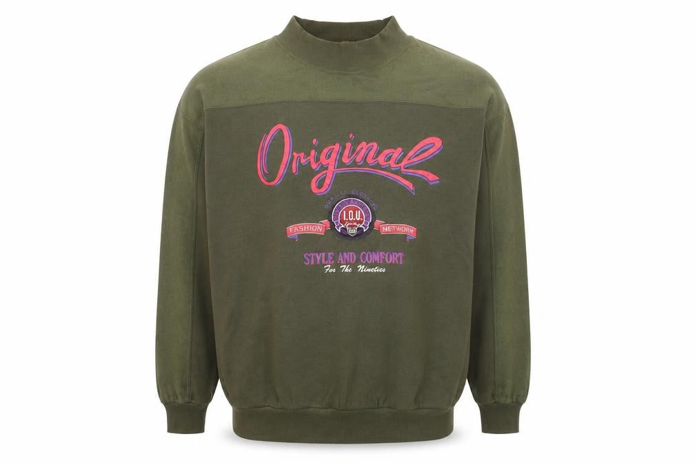 I.O.U Men's Green XL Vintage 90s Graphic High Neck Pullover Jumper
