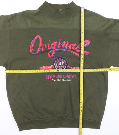 I.O.U Men's Green XL Vintage 90s Graphic High Neck Pullover Jumper