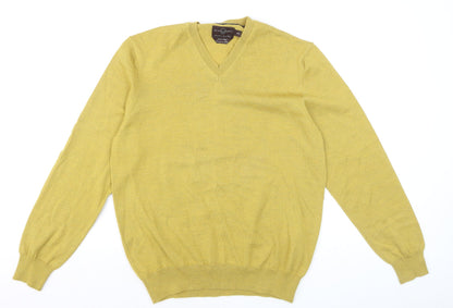 Black Brown 1826 Men's Yellow Merino Wool V-Neck Jumper Size M