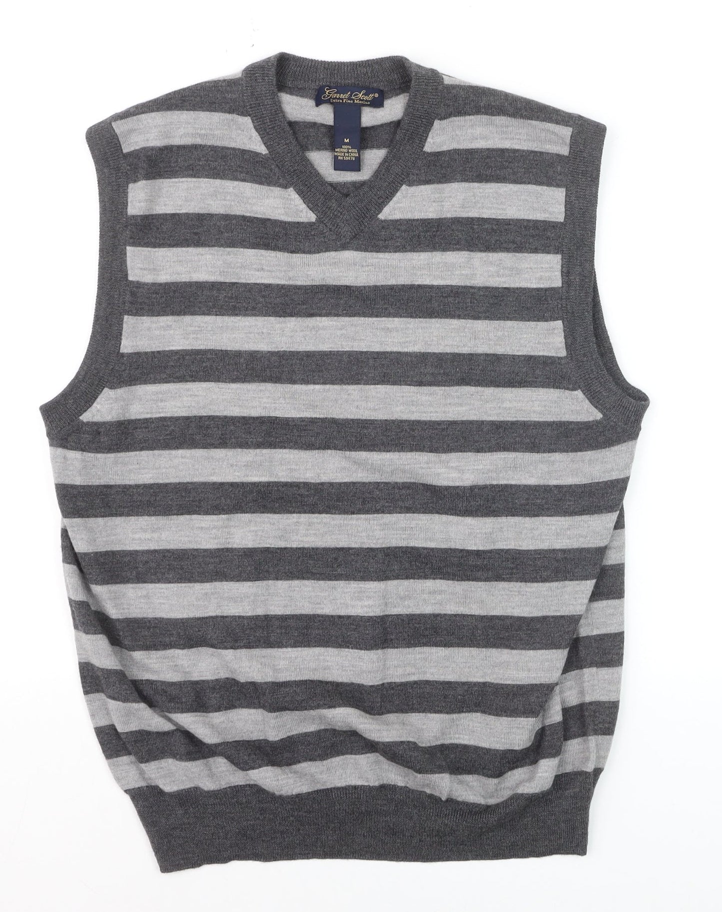 Garret Scott Men’s Grey Striped Merino Wool V-Neck Sleeveless Vest M