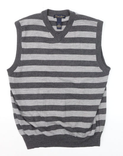 Garret Scott Men’s Grey Striped Merino Wool V-Neck Sleeveless Vest M