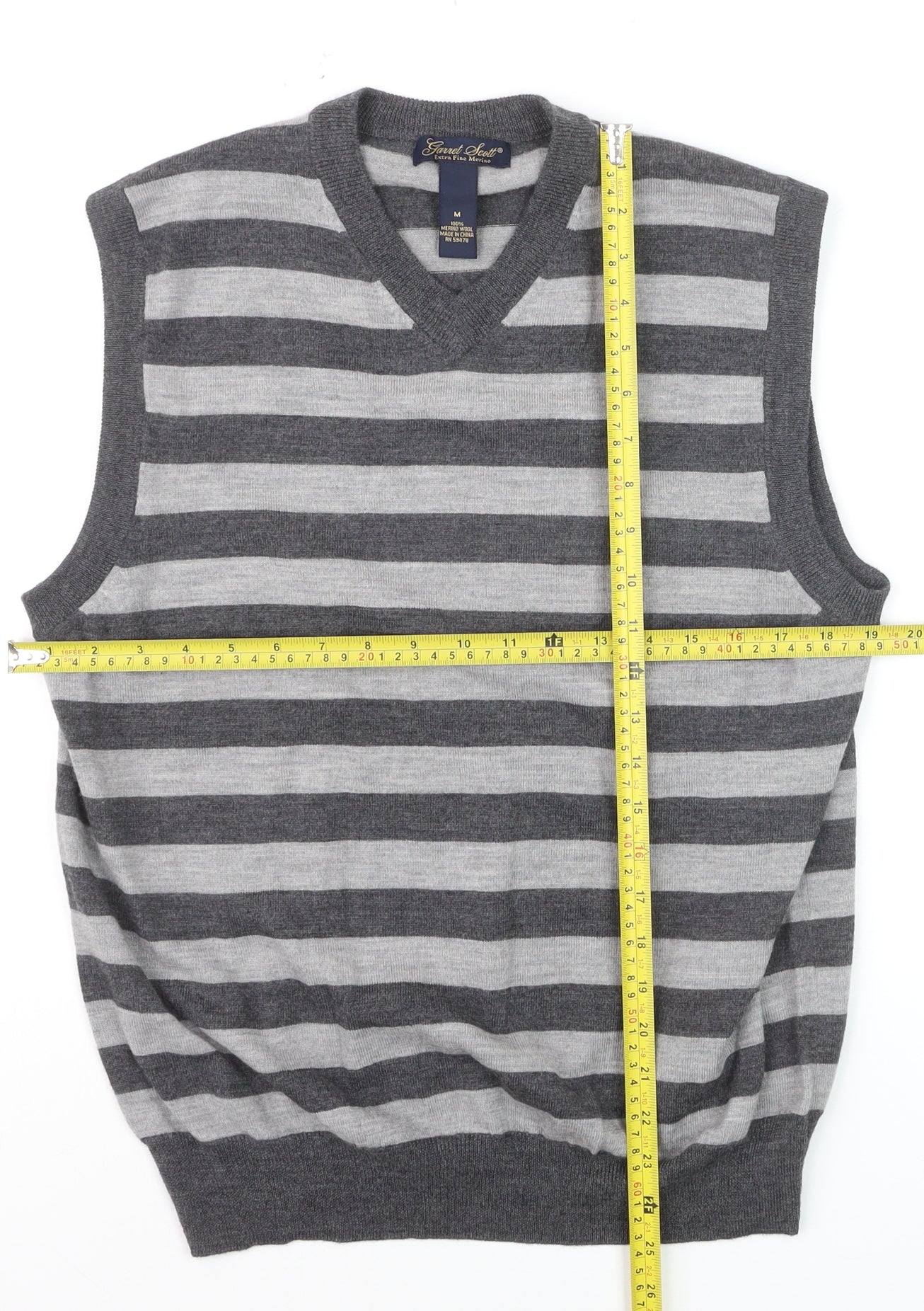 Garret Scott Men’s Grey Striped Merino Wool V-Neck Sleeveless Vest M