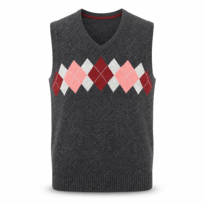 Le 31 Men's Grey Argyle Lambswool V-Neck Vest L Sleeveless Knit Jumper