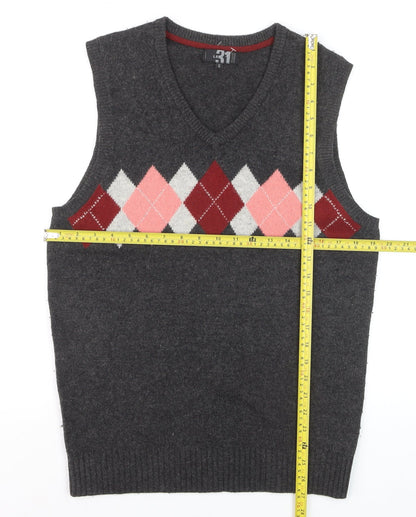 Le 31 Men's Grey Argyle Lambswool V-Neck Vest L Sleeveless Knit Jumper