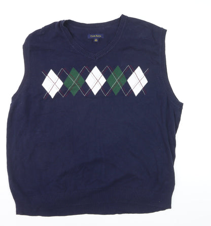 Club Room Men's Blue Argyle V-Neck Sleeveless Cotton Vest XL