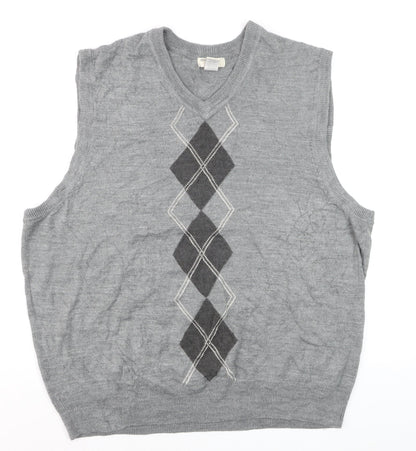 Dockers Men's Grey Argyle V-Neck Sweater Vest 2XL Regular Fit