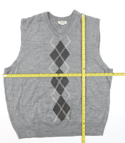 Dockers Men's Grey Argyle V-Neck Sweater Vest 2XL Regular Fit