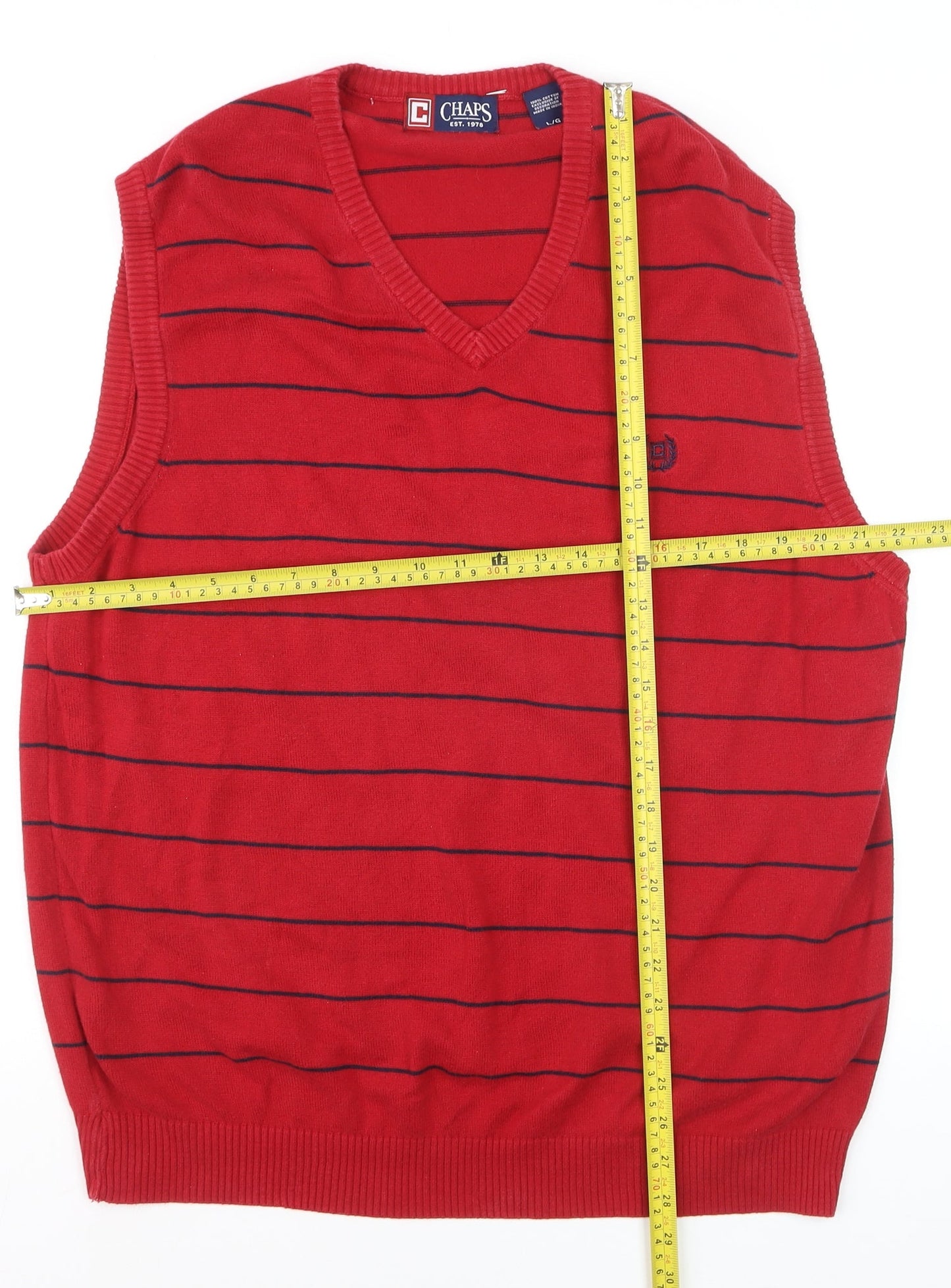 Chaps Men's Red Striped Cotton V-Neck Sleeveless Vest Jumper L