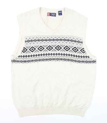 Chaps Men's Ivory Fair Isle Cotton V-Neck Sleeveless Jumper Vest L