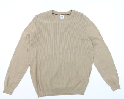 Zara Men’s Beige Cotton Knit Crew Neck Pullover Jumper M