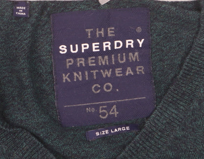 Superdry Men's Green V-Neck Knit Jumper Size L Cotton Blend