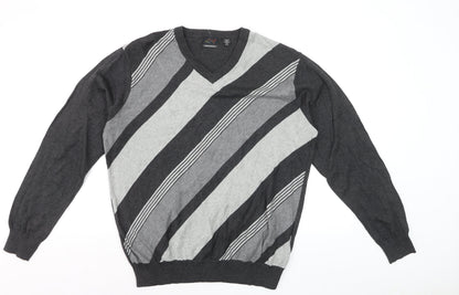 Greg Norman Men's Grey Striped V-Neck Cotton Pullover Jumper M