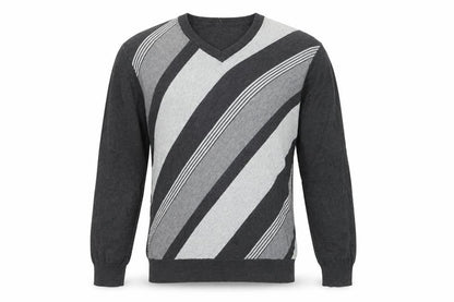 Greg Norman Men's Grey Striped V-Neck Cotton Pullover Jumper M