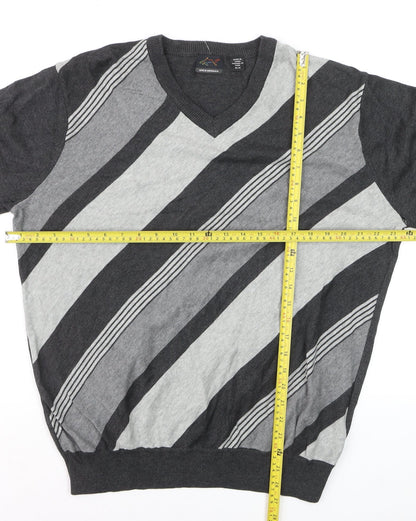 Greg Norman Men's Grey Striped V-Neck Cotton Pullover Jumper M