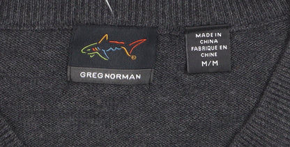 Greg Norman Men's Grey Striped V-Neck Cotton Pullover Jumper M