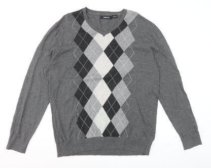Claiborne Men's Grey Argyle V-Neck Cotton Jumper Size L