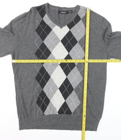 Claiborne Men's Grey Argyle V-Neck Cotton Jumper Size L