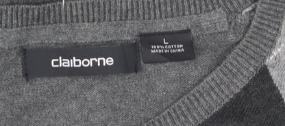 Claiborne Men's Grey Argyle V-Neck Cotton Jumper Size L