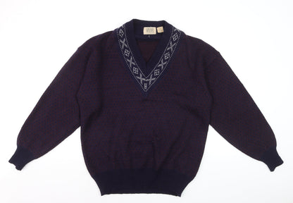 Grass Roots Men's Blue Wool Blend V-Neck Geometric Knit Jumper M