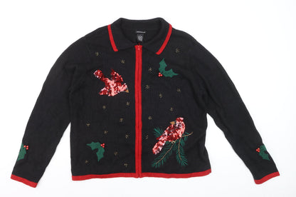 Jason Maxwell Womens Black L Collared Sequin Christmas Cardigan