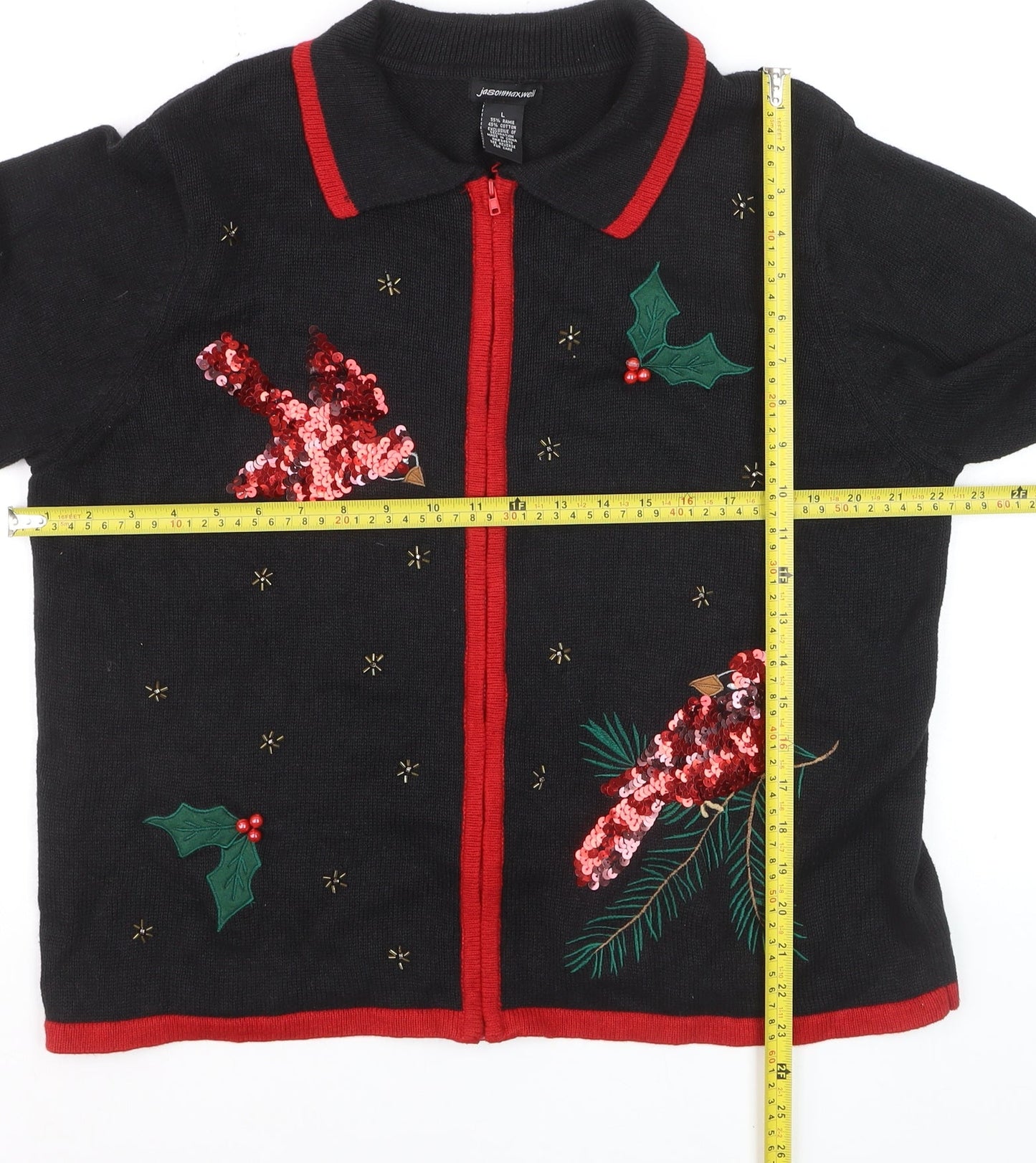 Jason Maxwell Womens Black L Collared Sequin Christmas Cardigan