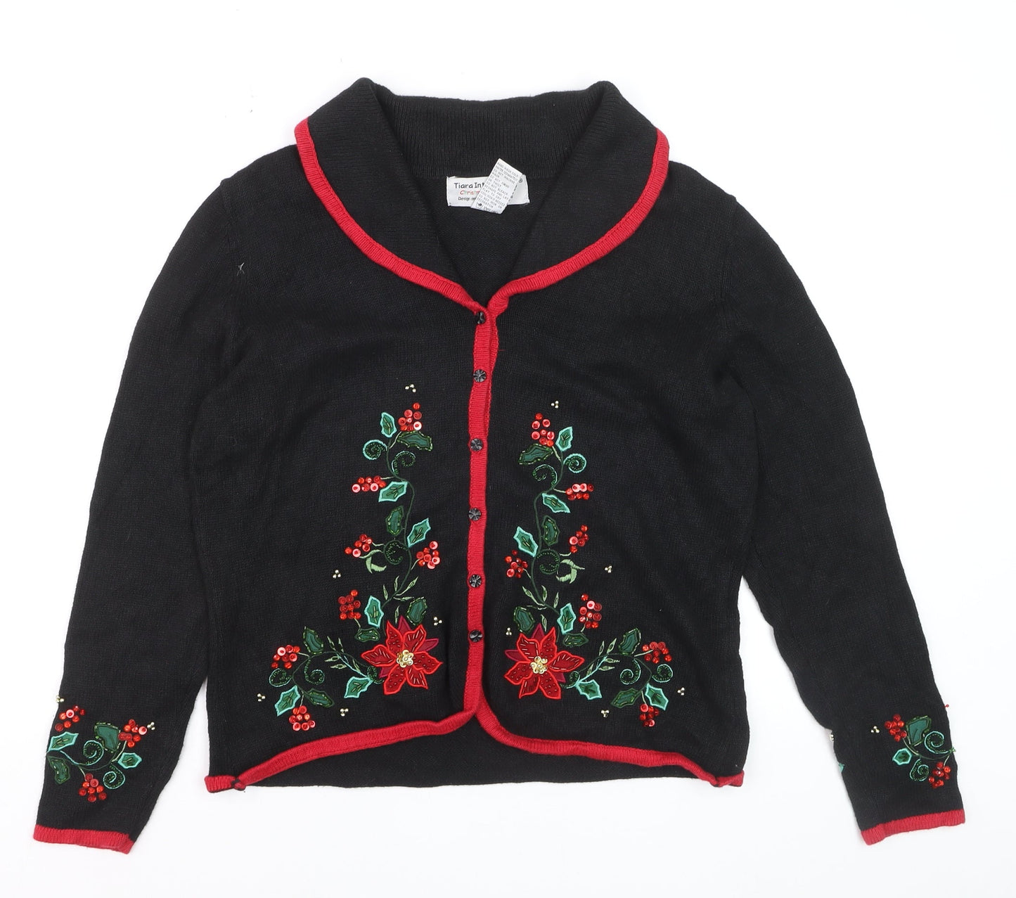 Tiara International Women's Black Christmas Cardigan M Embroidered Floral