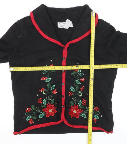 Tiara International Women's Black Christmas Cardigan M Embroidered Floral
