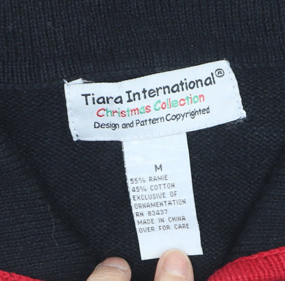 Tiara International Women's Black Christmas Cardigan M Embroidered Floral