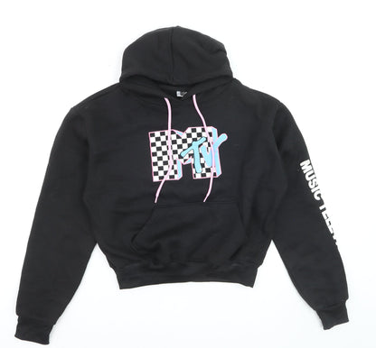 MTV Black Hoodie Women Medium Pullover Logo Graphic Print Sweatshirt
