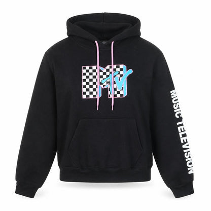 MTV Black Hoodie Women Medium Pullover Logo Graphic Print Sweatshirt