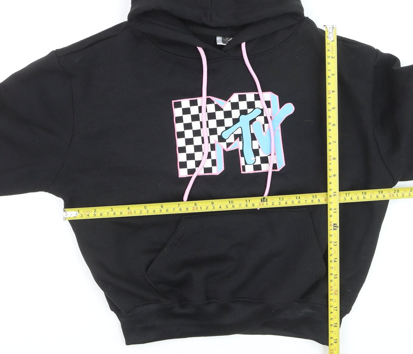 MTV Black Hoodie Women Medium Pullover Logo Graphic Print Sweatshirt