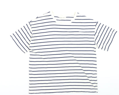 Pull & Bear Men's White Navy Striped Cotton Nautical Crew Neck T-Shirt M