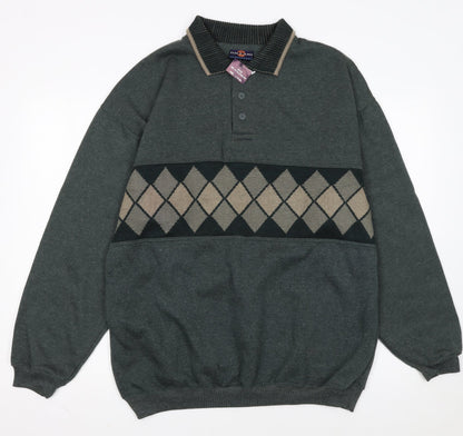 Gillani Men's Green Argyle Henley Sweatshirt XL Vintage Style