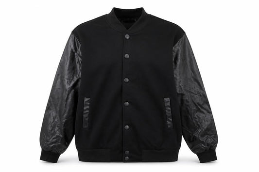 Front view of Reverieuomo unisex black xl varsity jacket faux leather sleeves